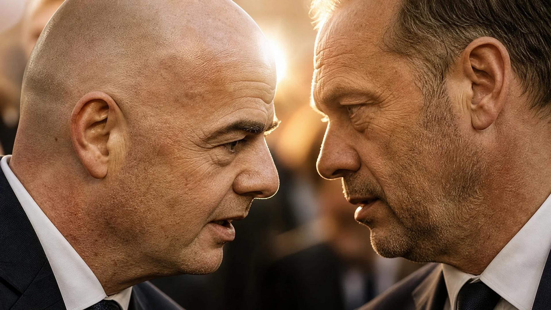 Et nærbilde av Gianni Infantino og en UEFA-representant i intens samtale med gylden bakgrunn.