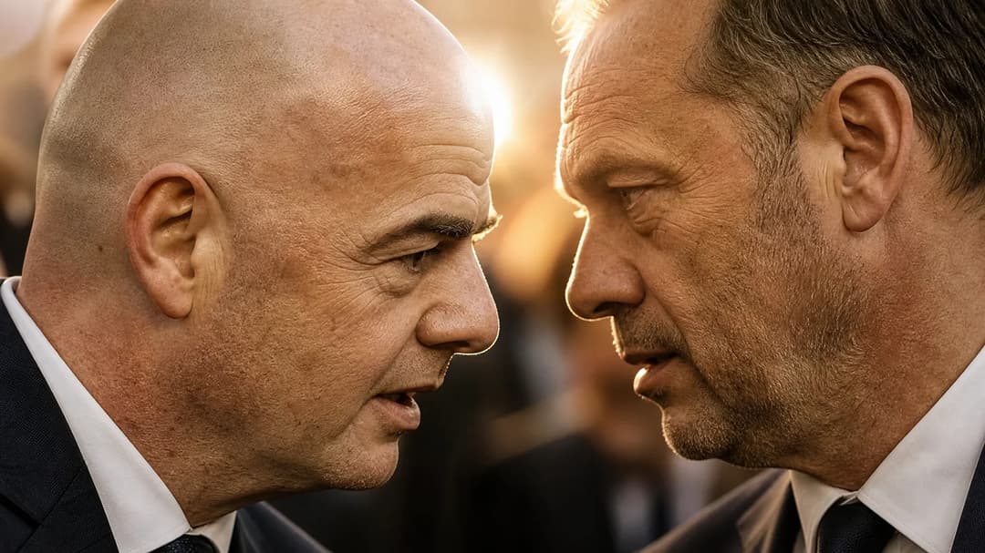 Et nærbilde av Gianni Infantino og en UEFA-representant i intens samtale med gylden bakgrunn.