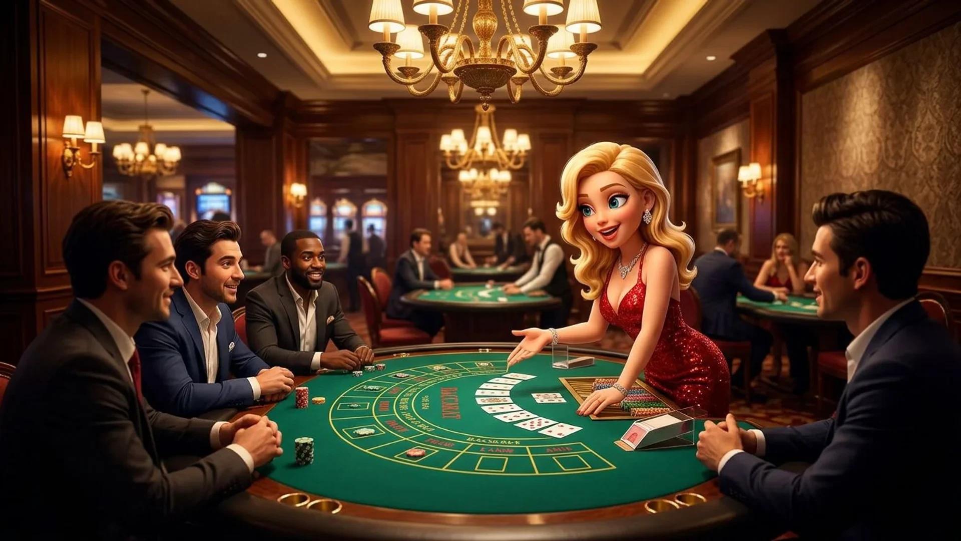 A NordicSpins mascot engaging at a Baccarat table in a luxurious casino.