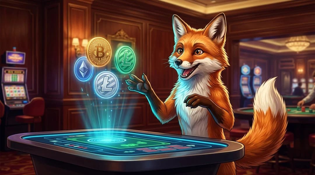 A NordicSpins mascot fox interacting with a holographic display of cryptocurrencies at a casino table.