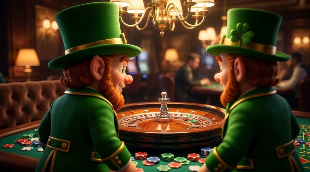 A NordicSpins mascot at a roulette table looking at the spinning wheel in a casino.