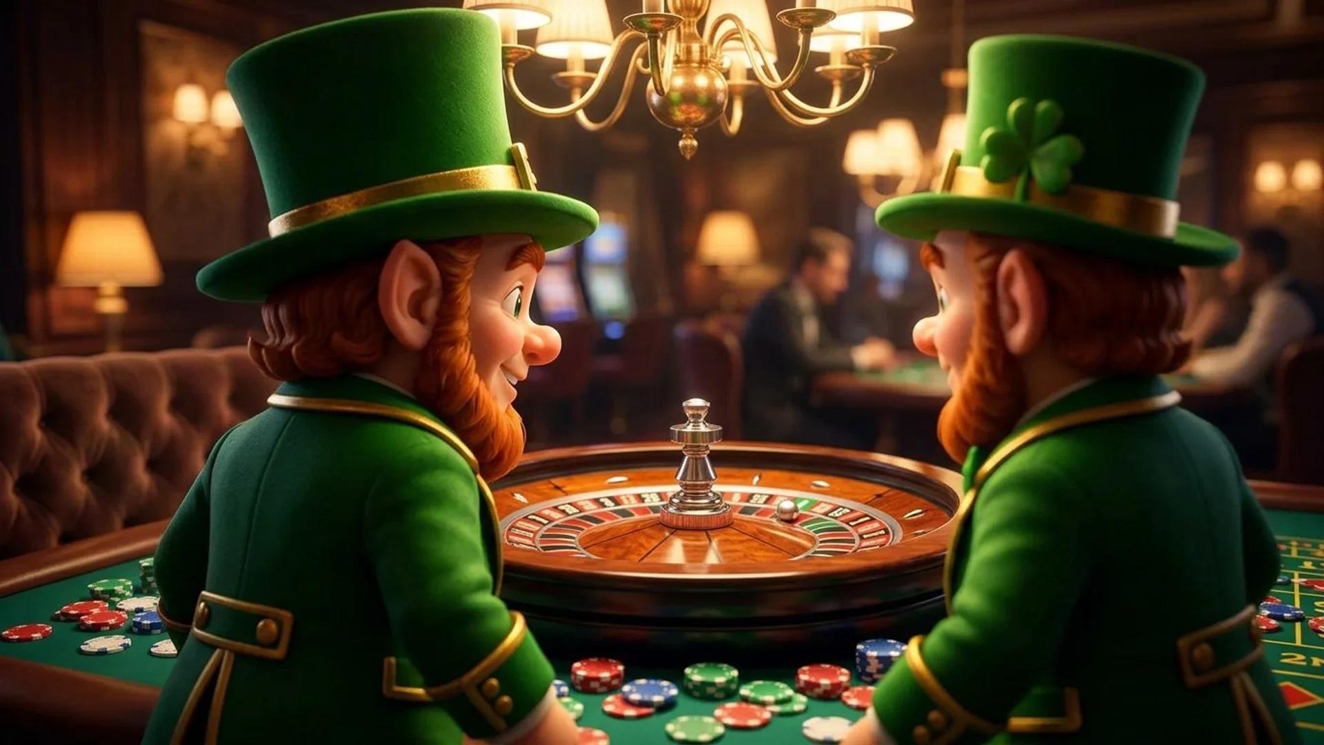 A NordicSpins mascot at a roulette table looking at the spinning wheel in a casino.