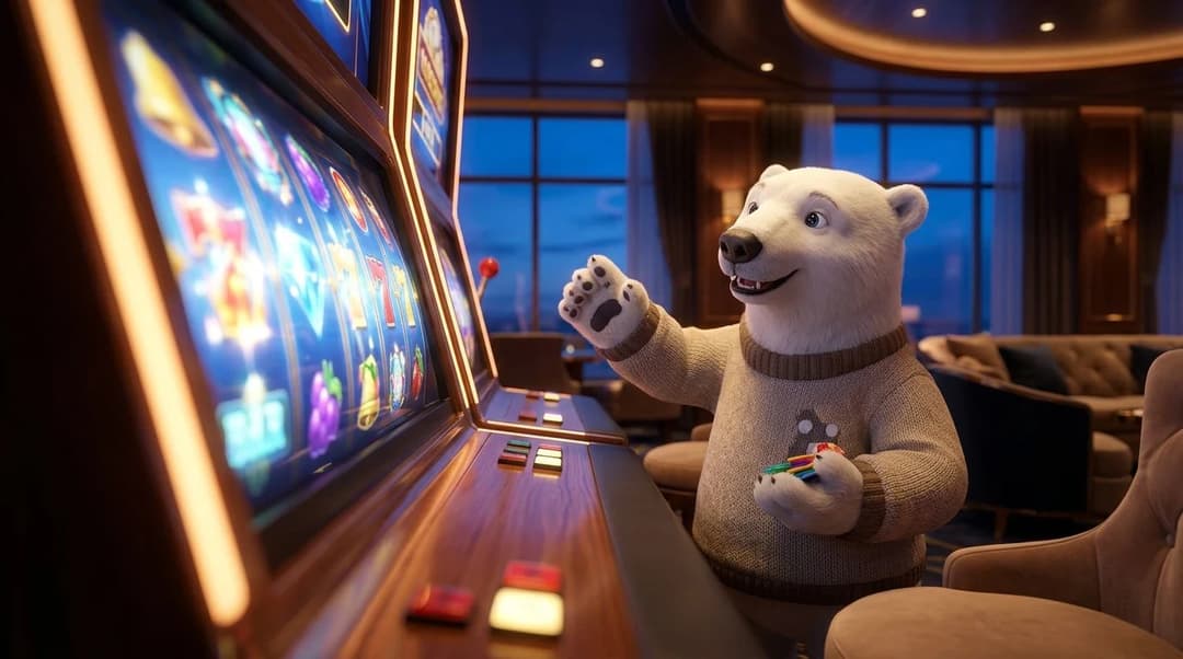 A polar bear mascot beside a slot machine in a casino room during dusk.