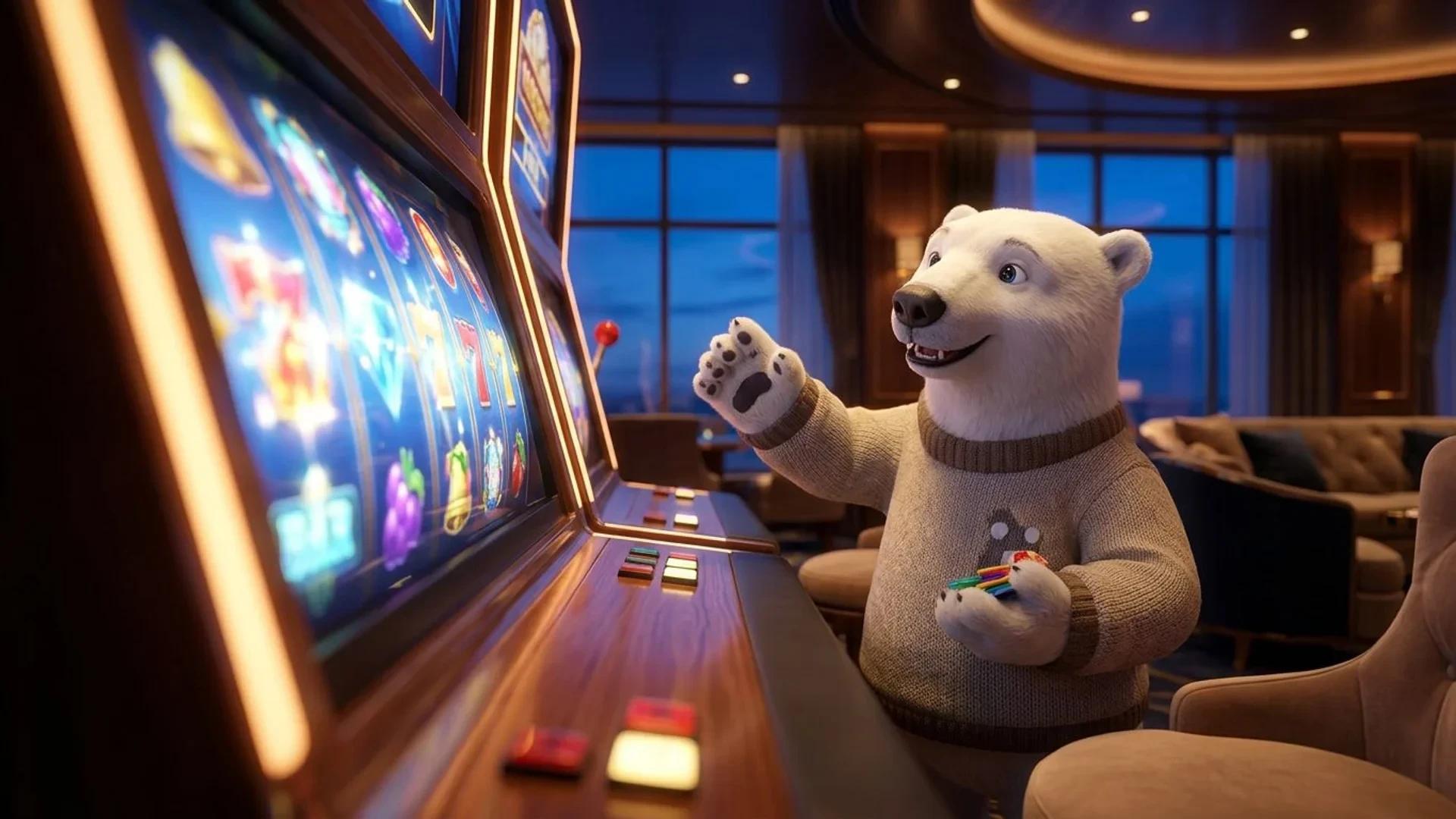 A polar bear mascot beside a slot machine in a casino room during dusk.