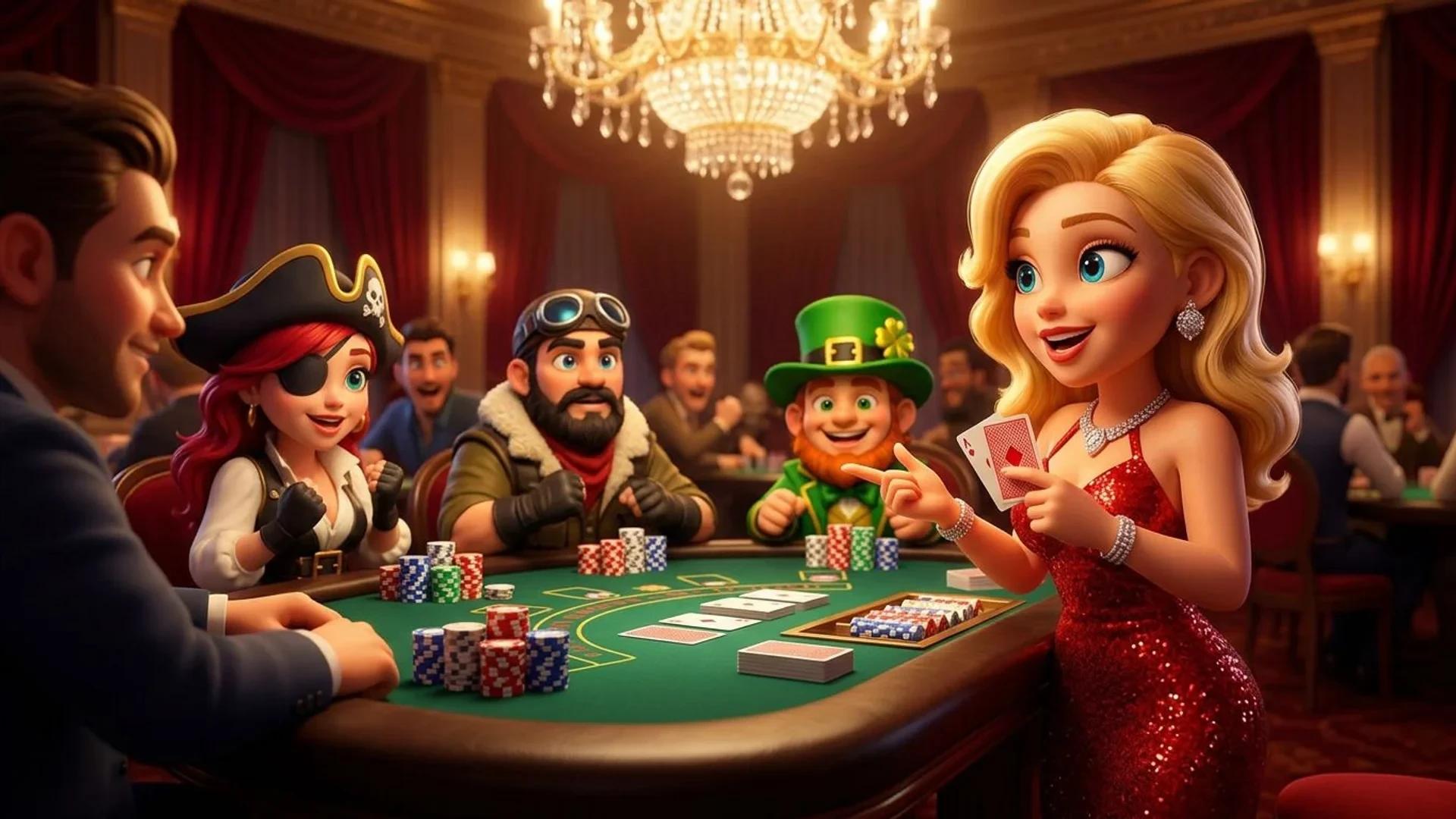 A NordicSpins mascot engaging with players at a casino poker table.