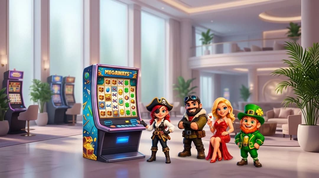 A NordicSpins mascot standing next to a Megaways slot machine in a spacious casino environment.