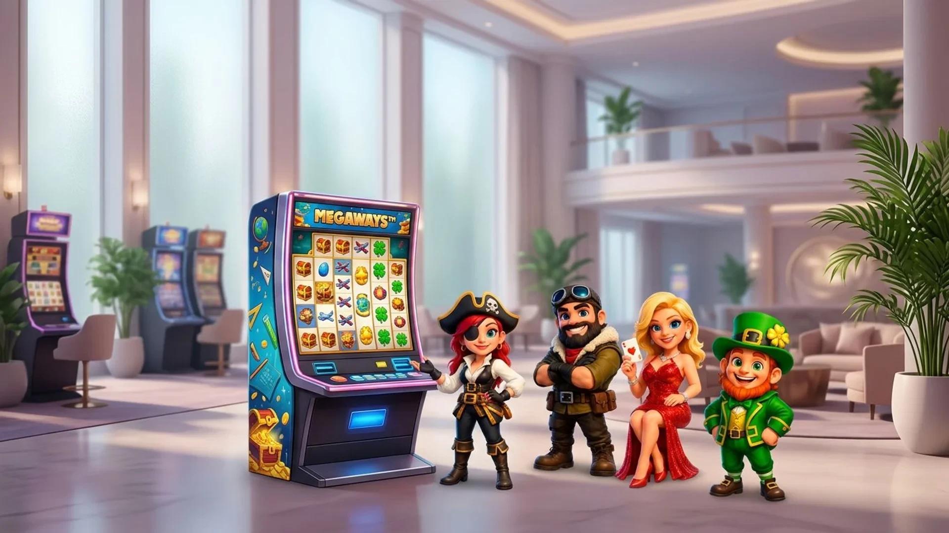 A NordicSpins mascot standing next to a Megaways slot machine in a spacious casino environment.