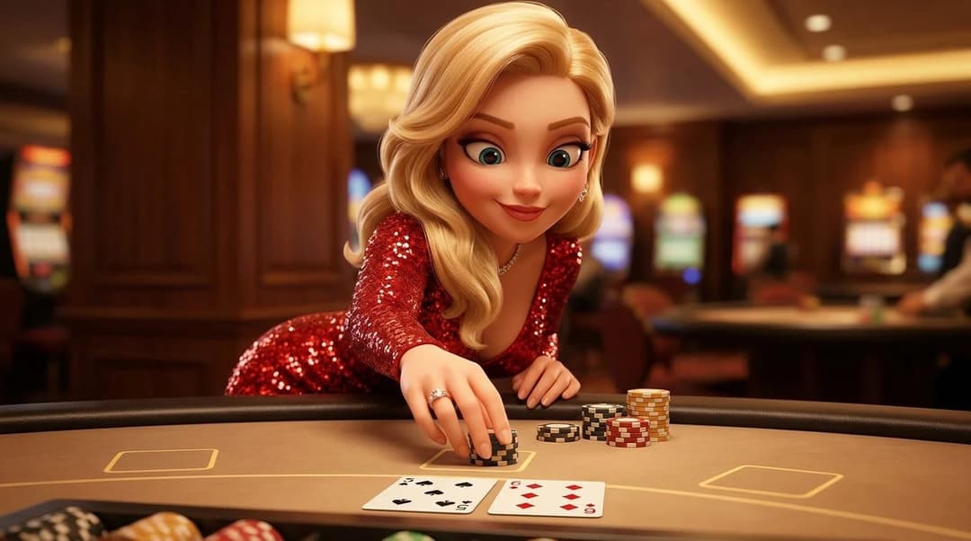 A NordicSpins mascot examining cards at a Blackjack table in a warm-lit casino.