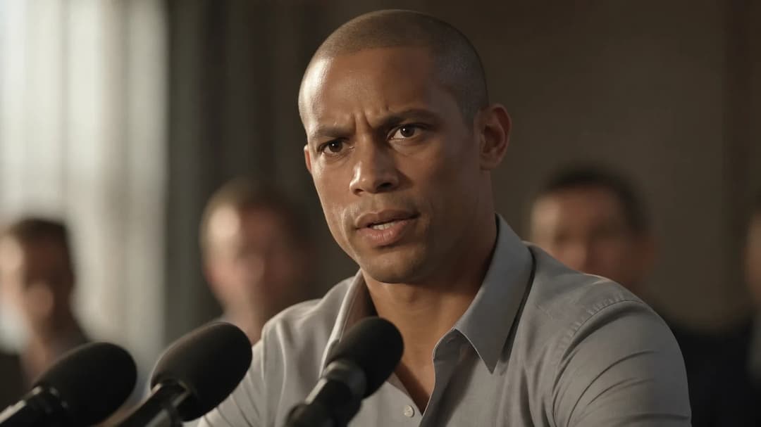 Kevin Lamour during a press conference, showing strong emotions.
