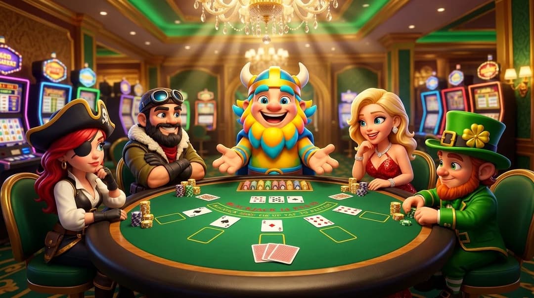 A lively casino scene featuring a NordicSpins mascot engaged with players at a blackjack table.