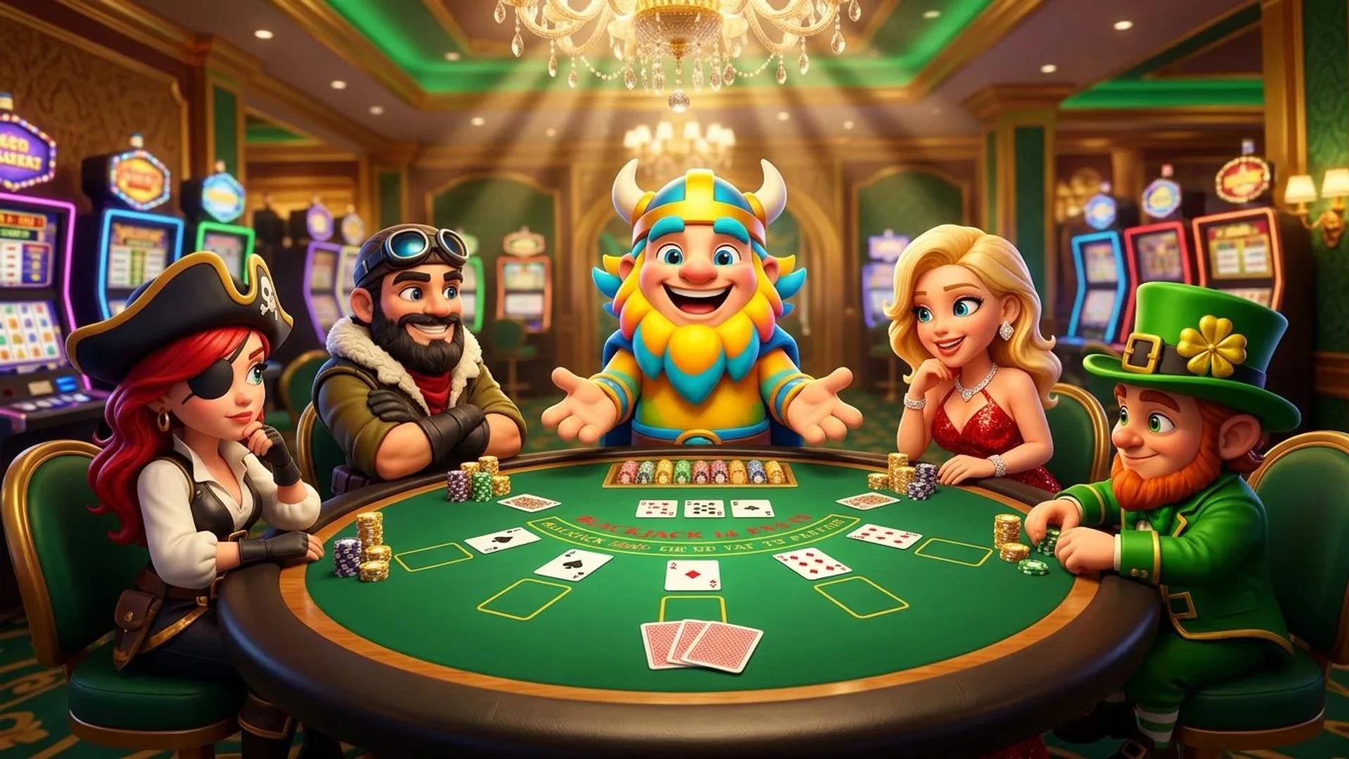 A lively casino scene featuring a NordicSpins mascot engaged with players at a blackjack table.