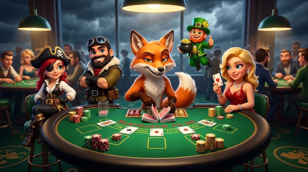NordicSpins mascot fox shuffling cards at a blackjack table in a casino environment.
