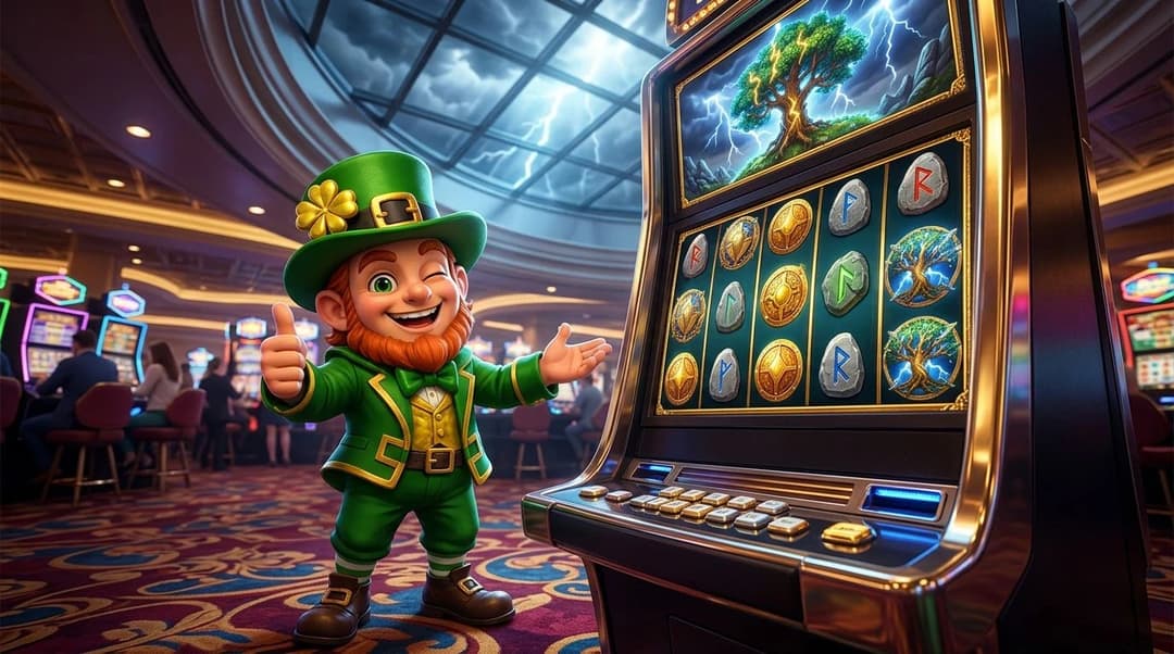 A NordicSpins mascot stands beside a slot machine in a vibrant casino, showcasing the concept of free spins.