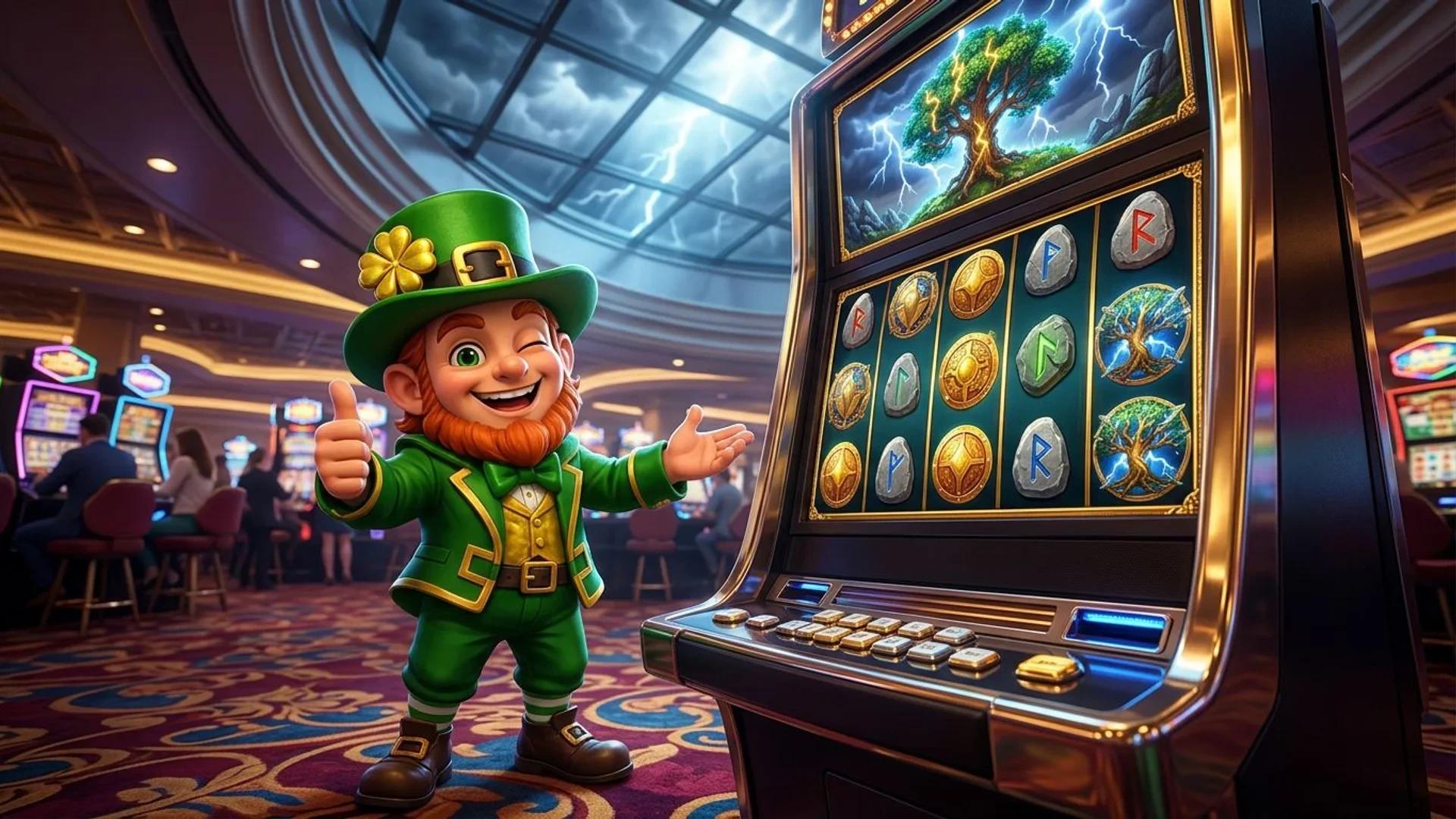 A NordicSpins mascot stands beside a slot machine in a vibrant casino, showcasing the concept of free spins.