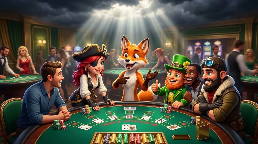 A playful fox mascot engaged with players at a Blackjack table in a vibrant casino setting.