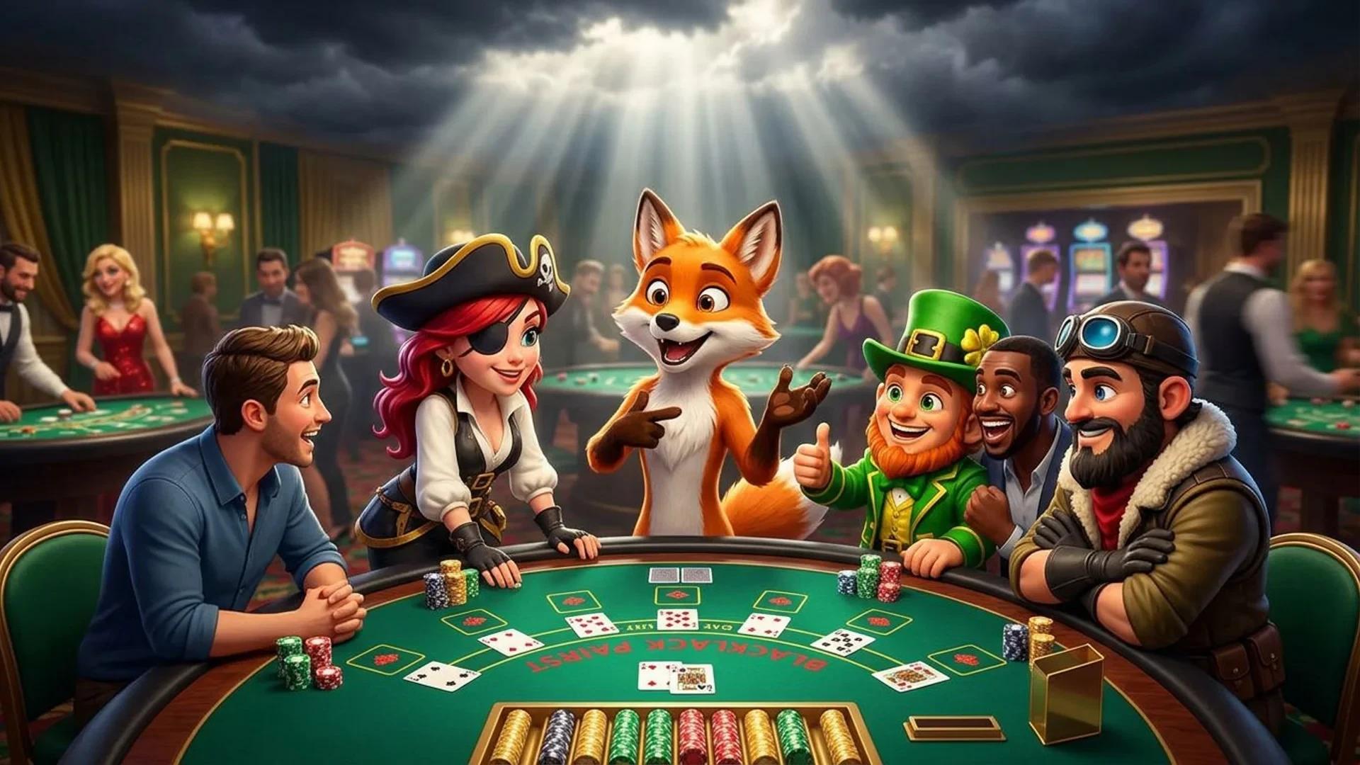 A playful fox mascot engaged with players at a Blackjack table in a vibrant casino setting.