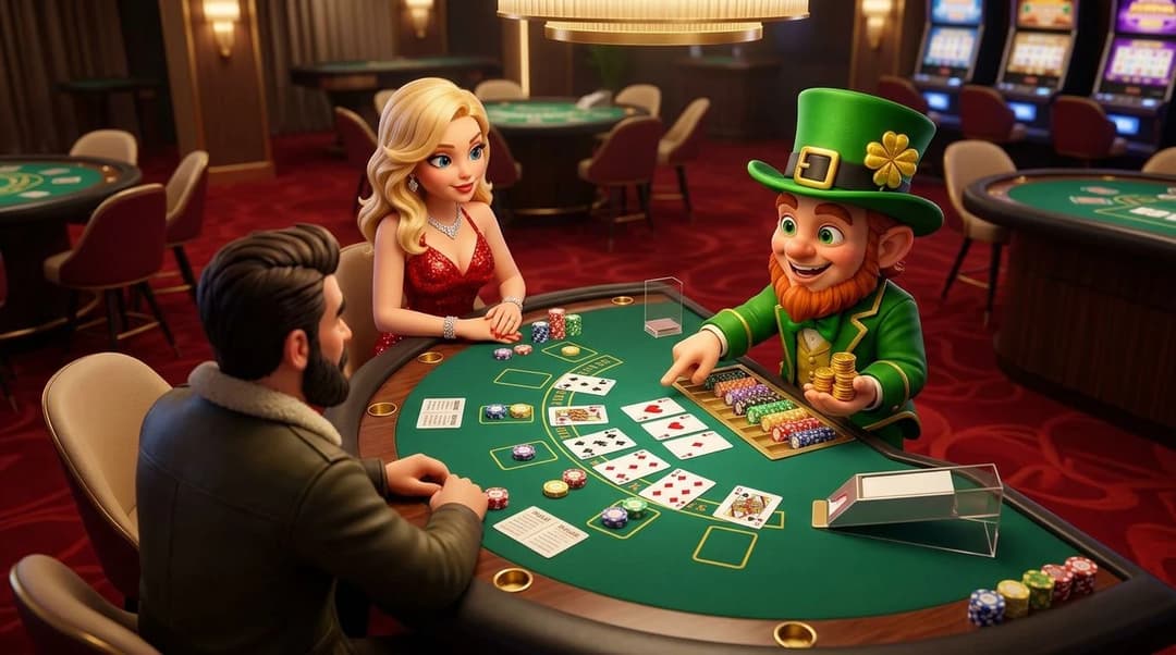 A NordicSpins mascot interacts with players at a casino game table, showcasing game instructions.