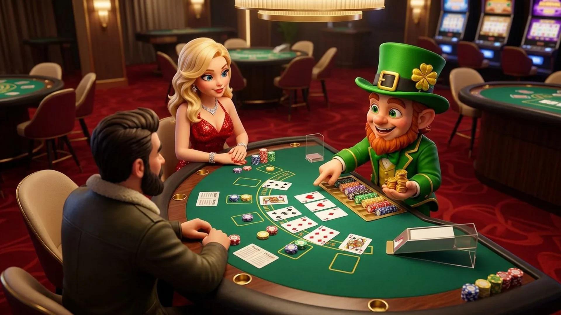 A NordicSpins mascot interacts with players at a casino game table, showcasing game instructions.