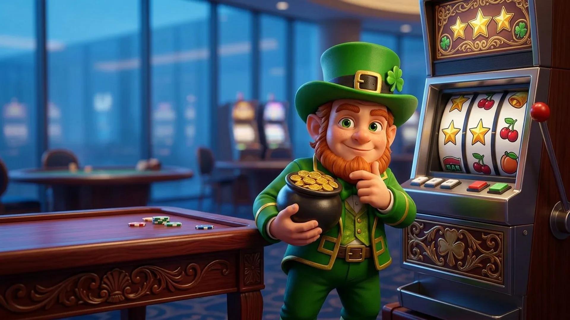 A colorful mascot from NordicSpins stands next to a slot machine in a softly lit casino.