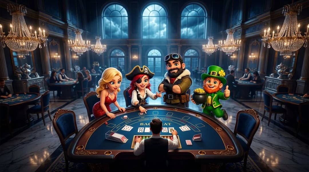 NordicSpins mascots engaged at a Baccarat table in a dramatic casino setting.