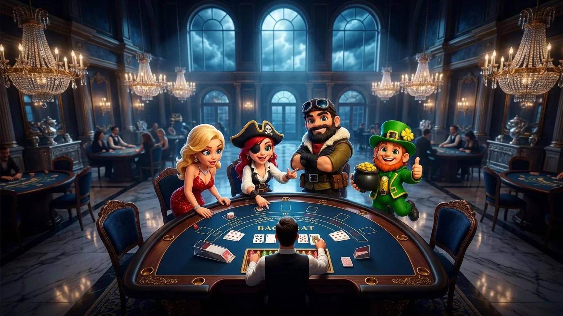 NordicSpins mascots engaged at a Baccarat table in a dramatic casino setting.