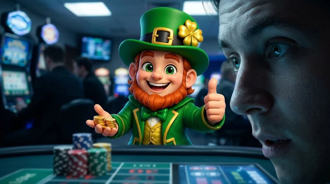 A NordicSpins mascot interacting with a user at a casino table, highlighted by cold fluorescent lights.