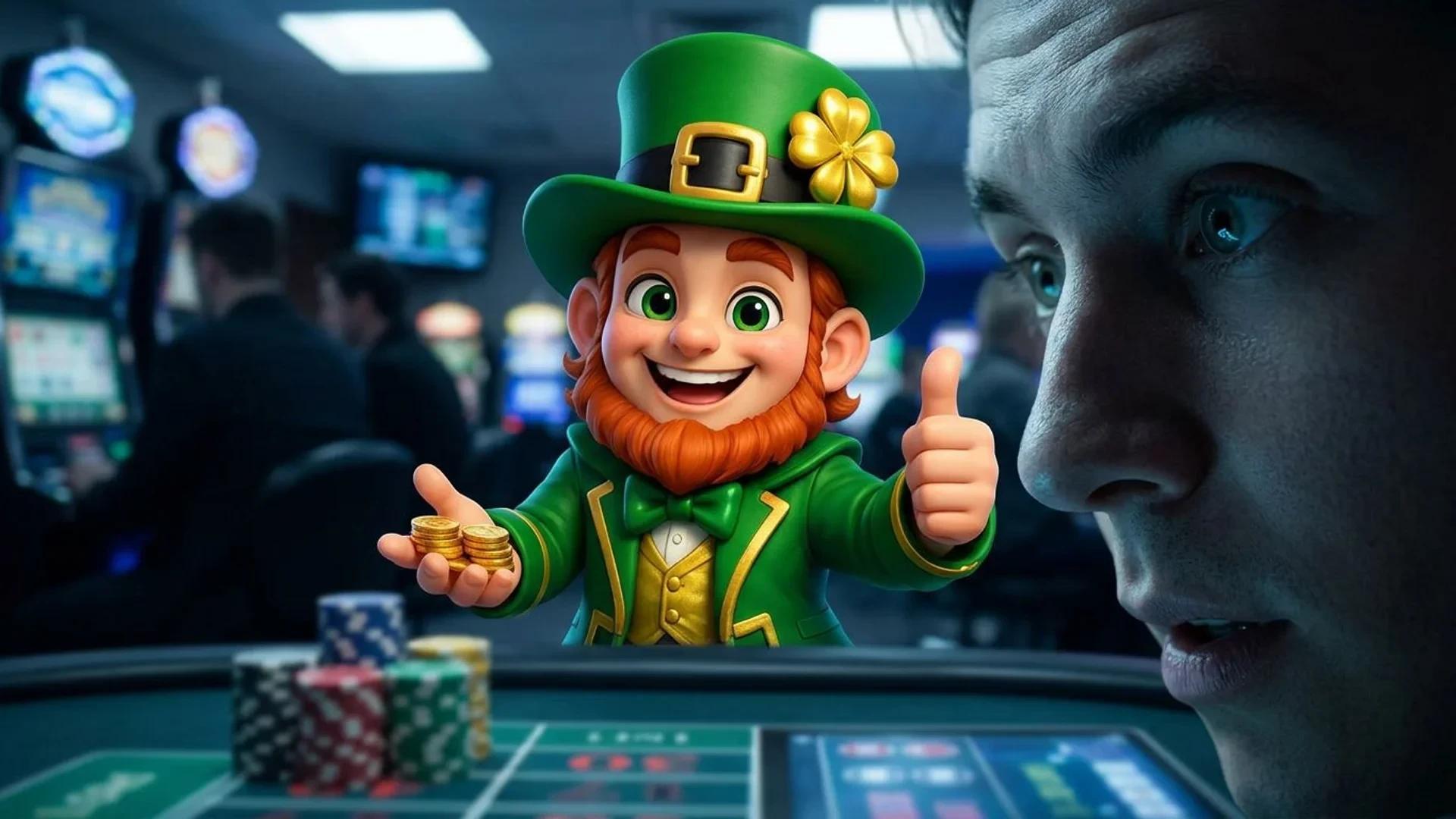 A NordicSpins mascot interacting with a user at a casino table, highlighted by cold fluorescent lights.