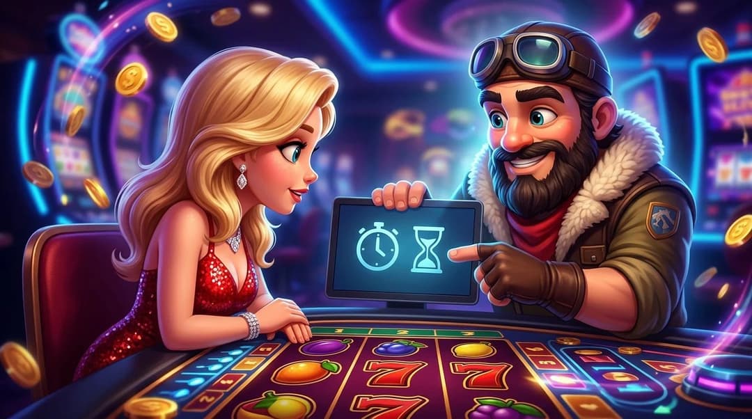 A NordicSpins mascot engages with a player at a brightly lit online casino table, discussing gaming features.
