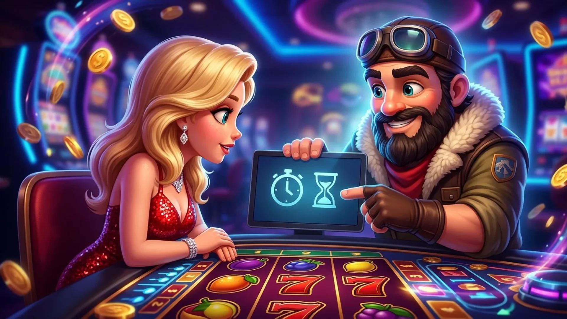 A NordicSpins mascot engages with a player at a brightly lit online casino table, discussing gaming features.