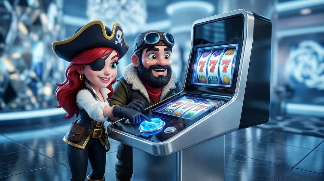NordicSpins mascots interacting with a slot machine in a futuristic casino environment.