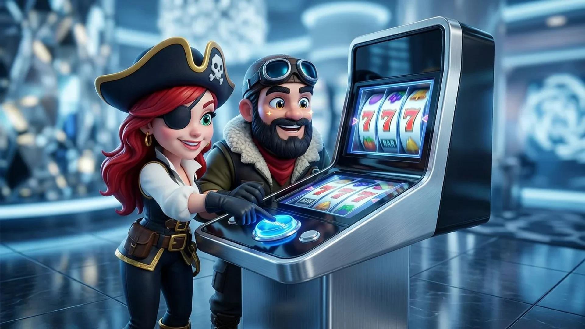 NordicSpins mascots interacting with a slot machine in a futuristic casino environment.