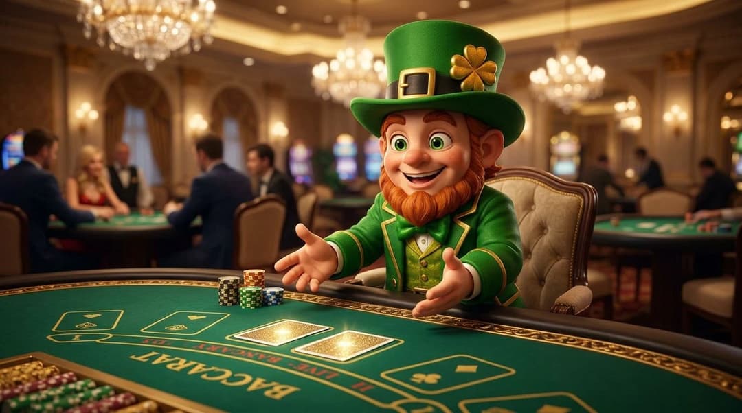 A NordicSpins mascot at a Baccarat table in a casino, engaging with the game.