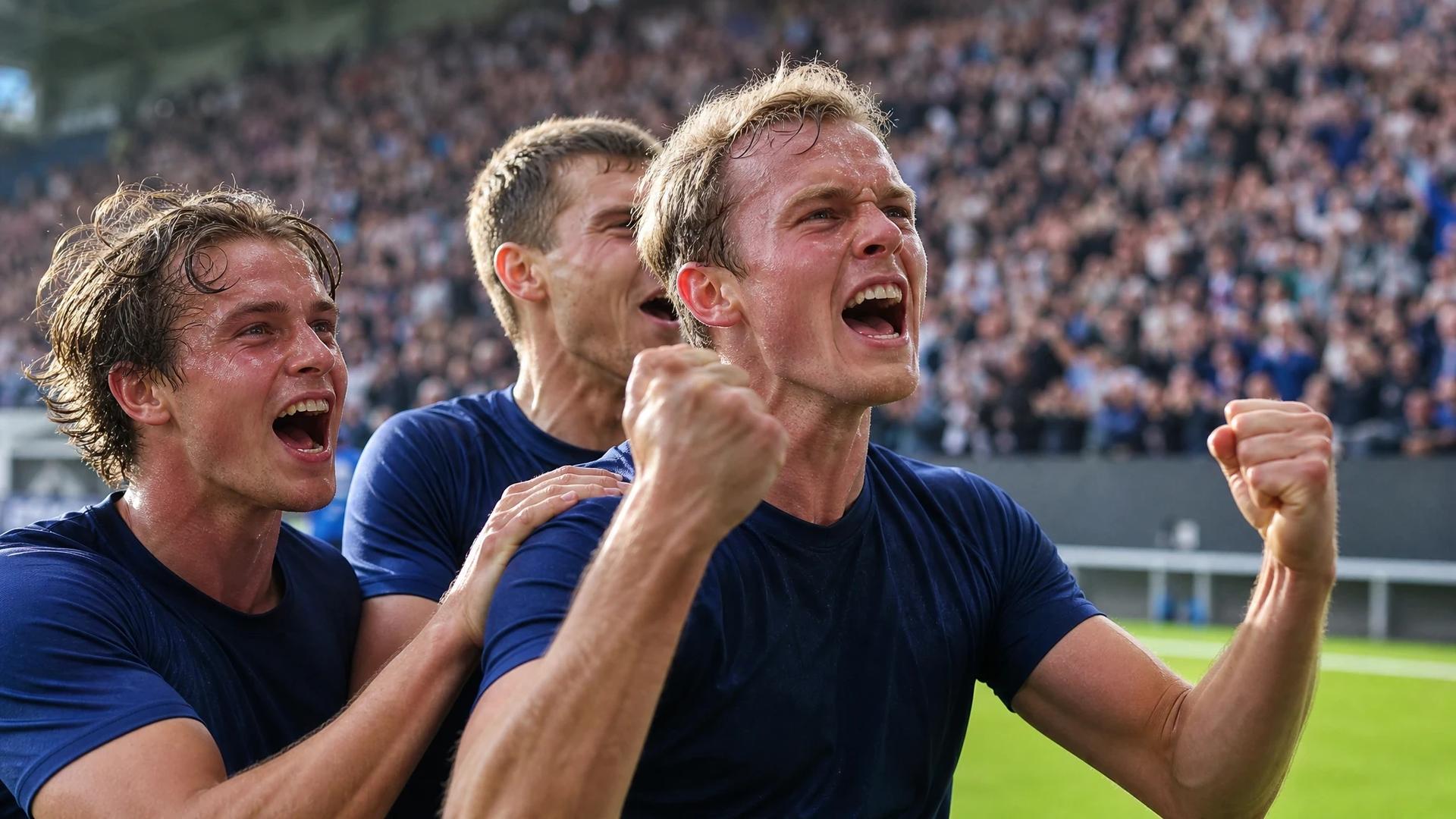 Eirik Hestad celebrating a goal with teammates during a football match.