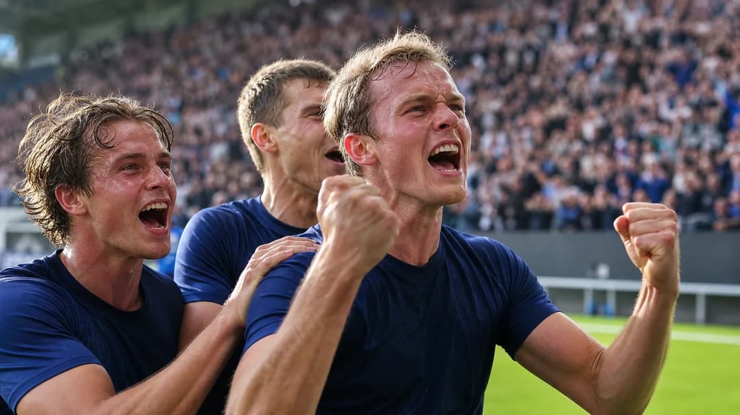 Eirik Hestad celebrating a goal with teammates during a football match.