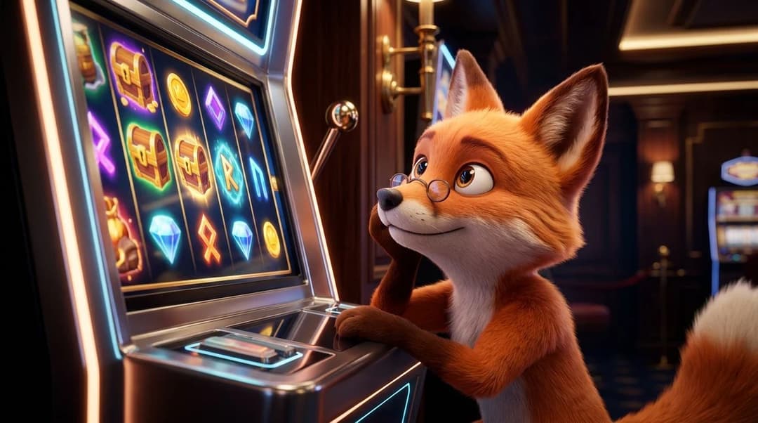 An anthropomorphic fox mascot leaning against a modern slot machine in a casino.