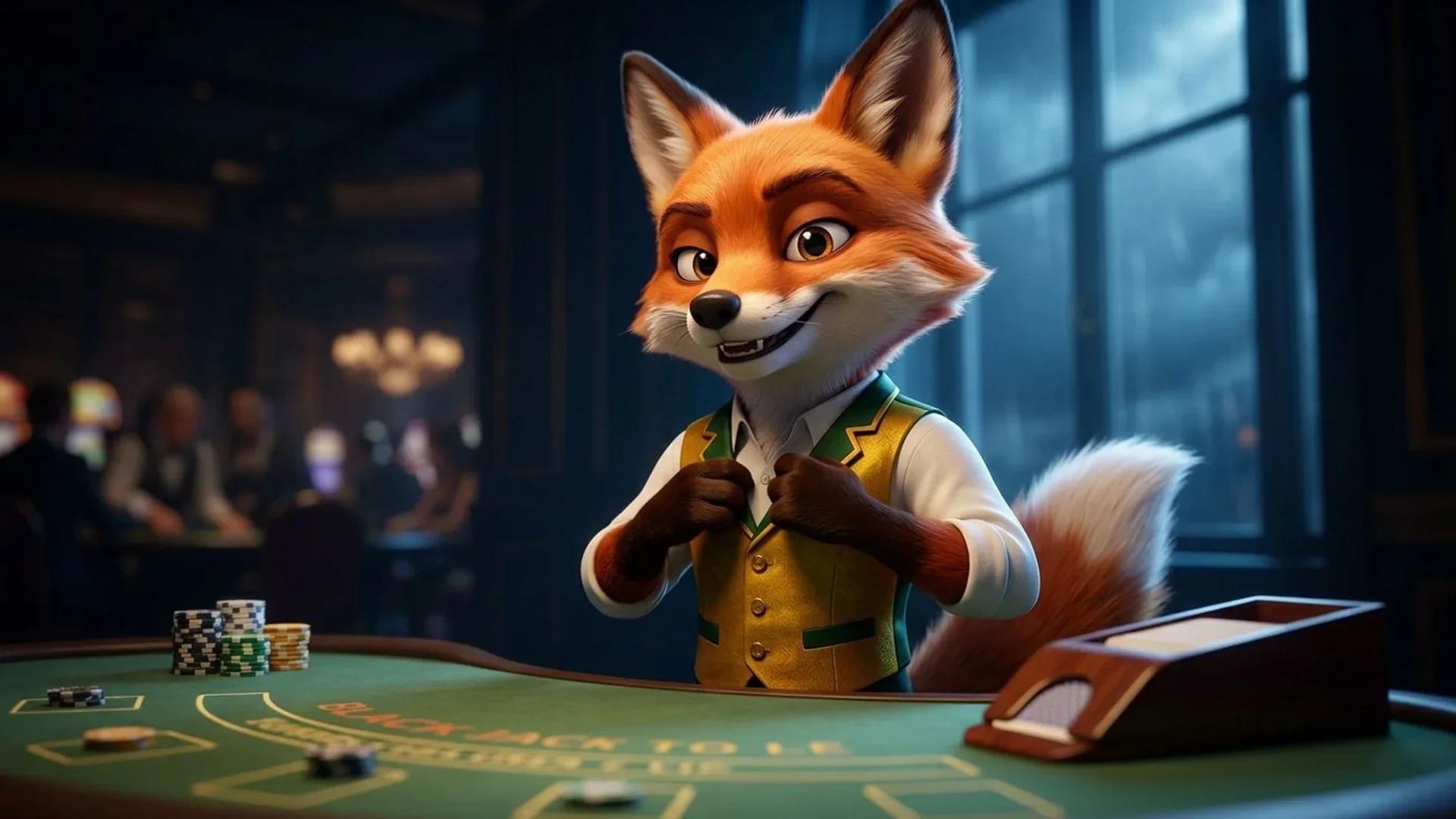 A fox mascot of NordicSpins prepares for a game of Blackjack at a casino table.
