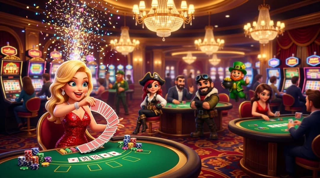 A NordicSpins mascot, a charming fox, at a casino table filled with colorful gaming chips and cards.