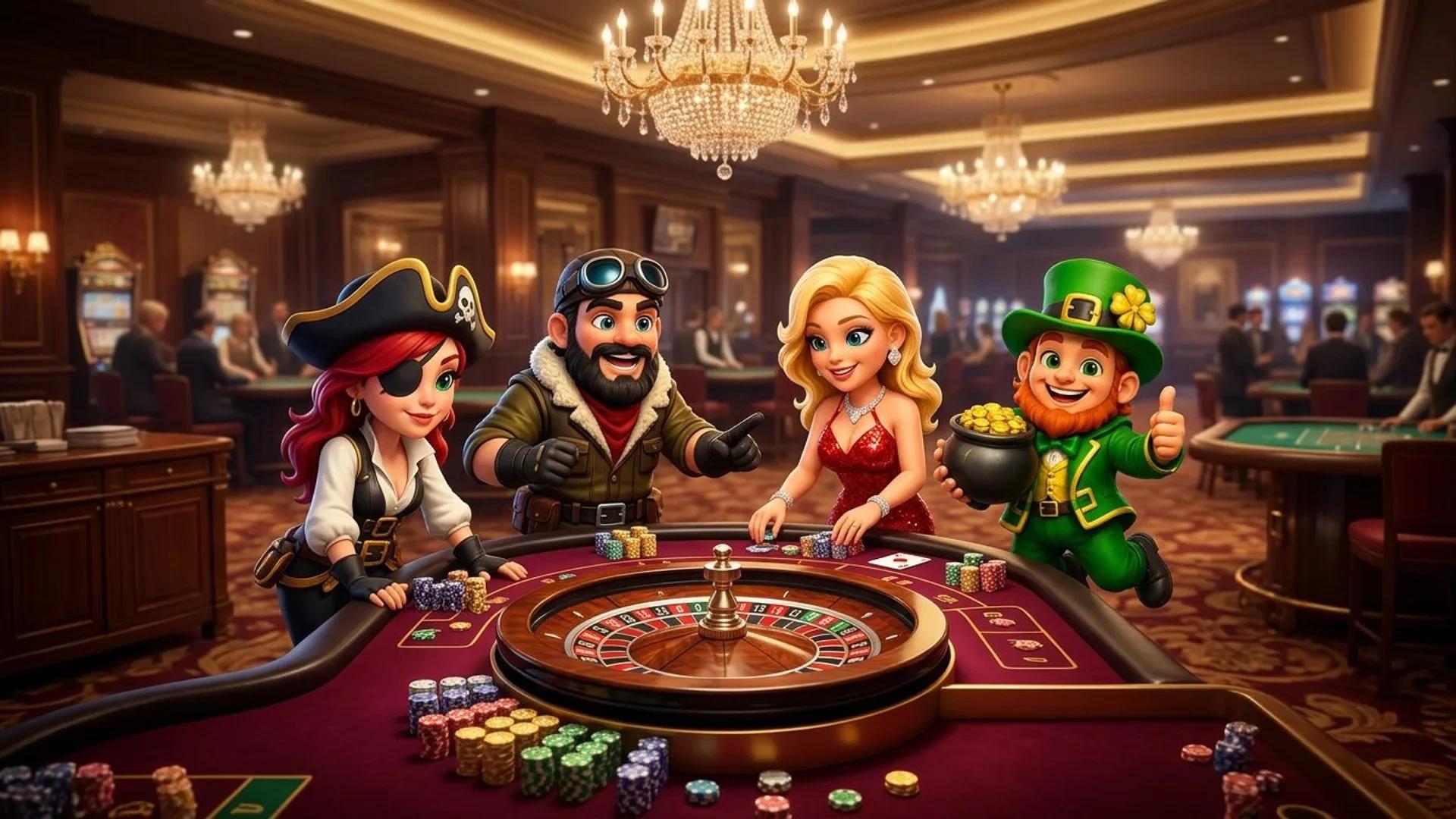 A vibrant casino scene with NordicSpins mascots engaged at a roulette table.