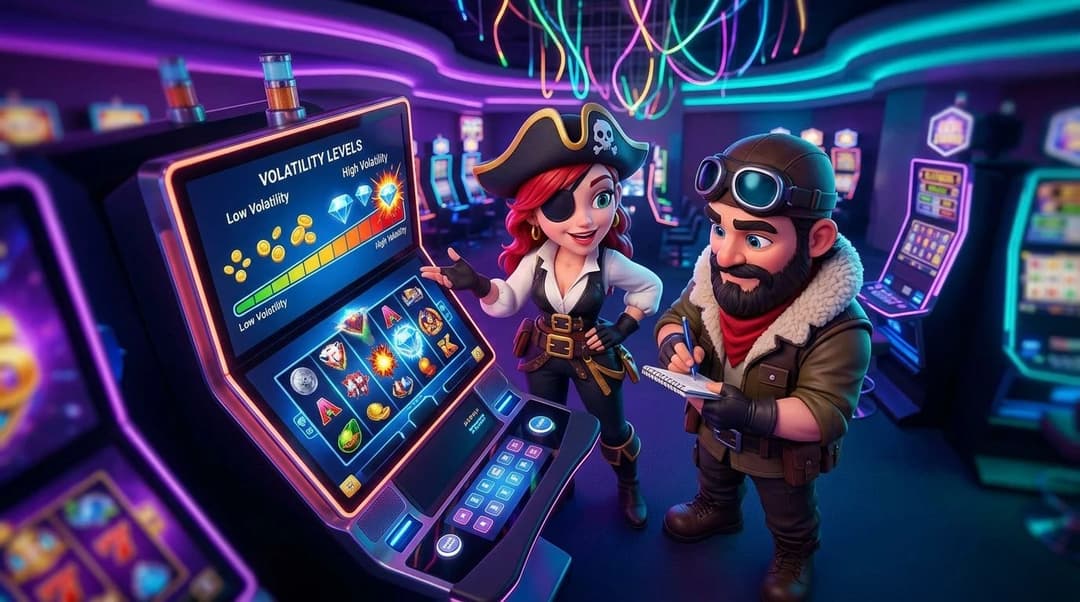 NordicSpins mascots demonstrating slot volatility over a digital slot machine in a neon-lit casino.