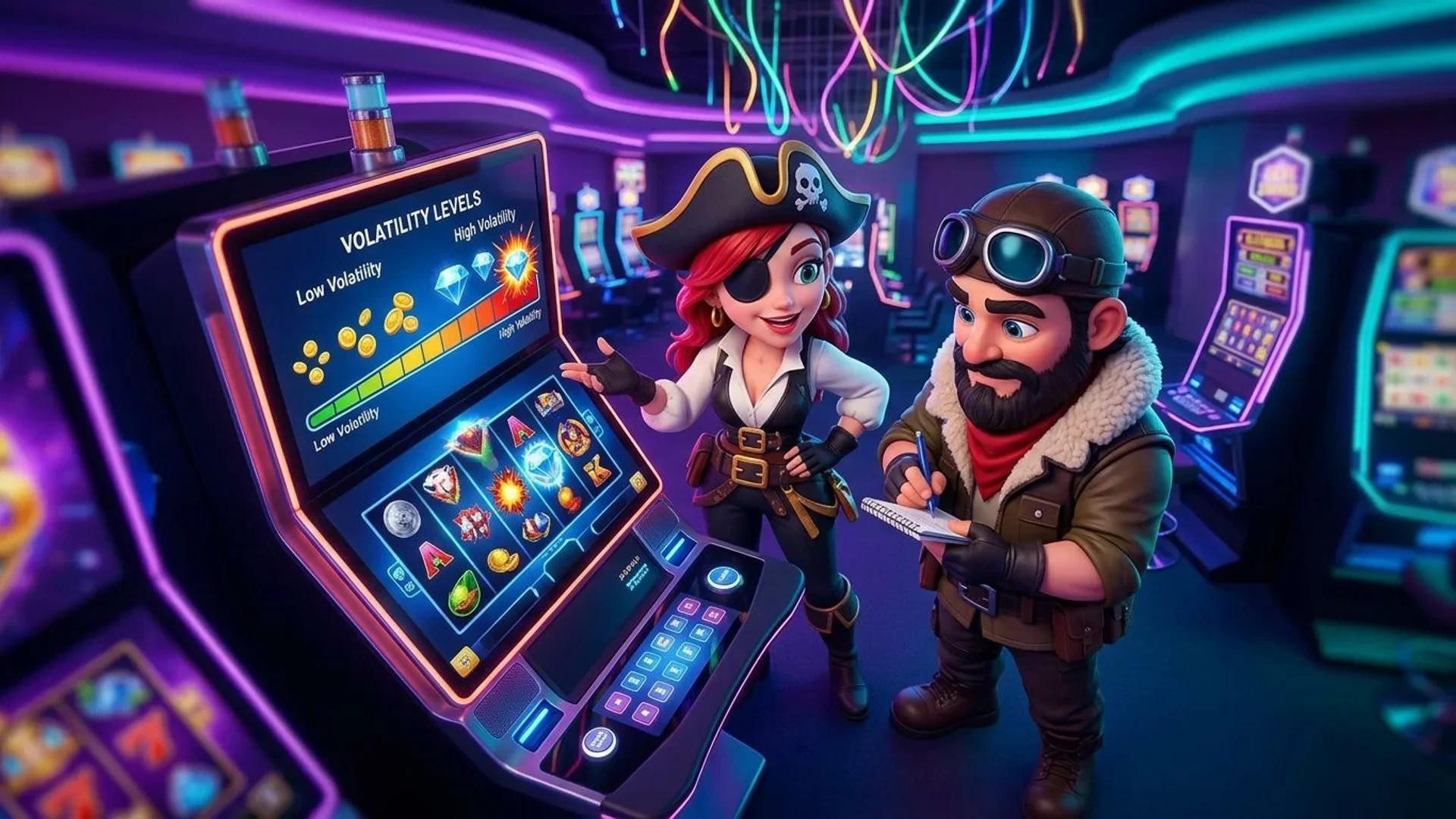 NordicSpins mascots demonstrating slot volatility over a digital slot machine in a neon-lit casino.