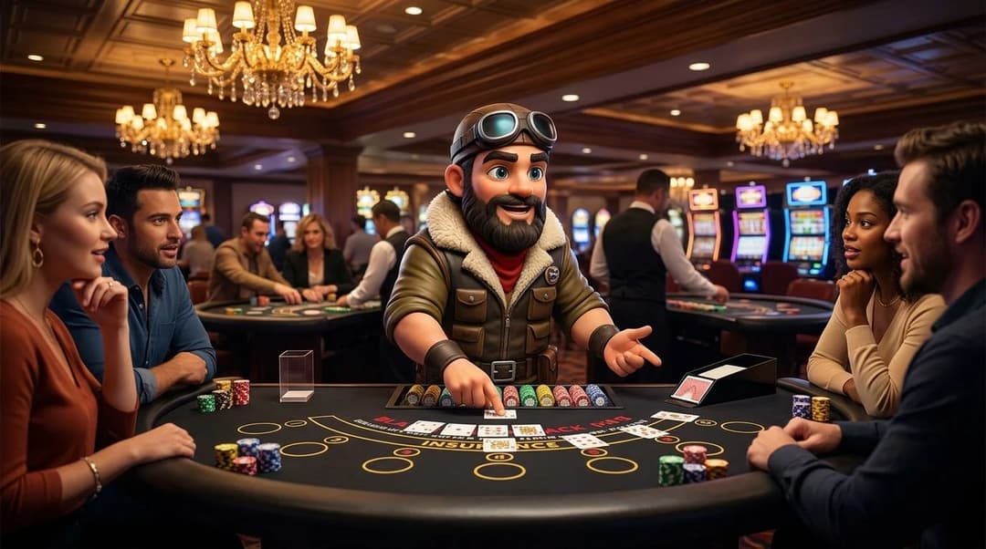 A Scandinavian mascot interacting at a blackjack table in a casino.