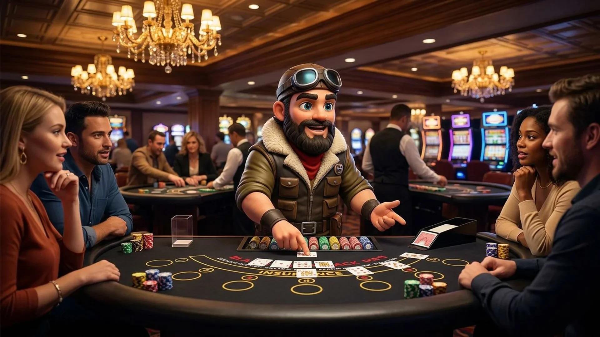 A Scandinavian mascot interacting at a blackjack table in a casino.