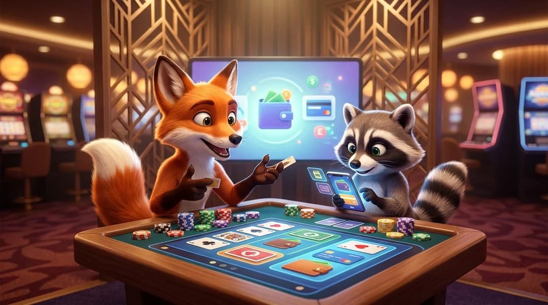 NordicSpins mascots Felix and Roxy discussing e-wallets at a gaming table in a casino.