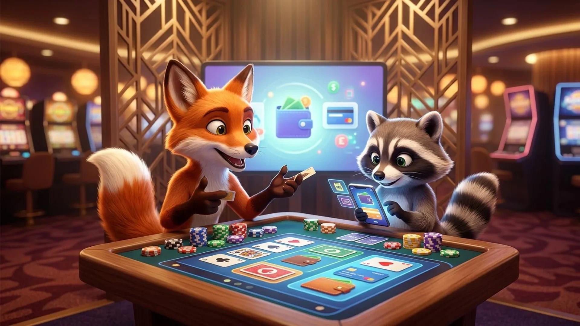 NordicSpins mascots Felix and Roxy discussing e-wallets at a gaming table in a casino.