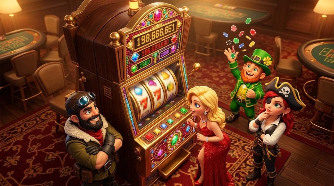 A bird's-eye view of NordicSpins mascots around a progressive jackpot slot machine in a casino.