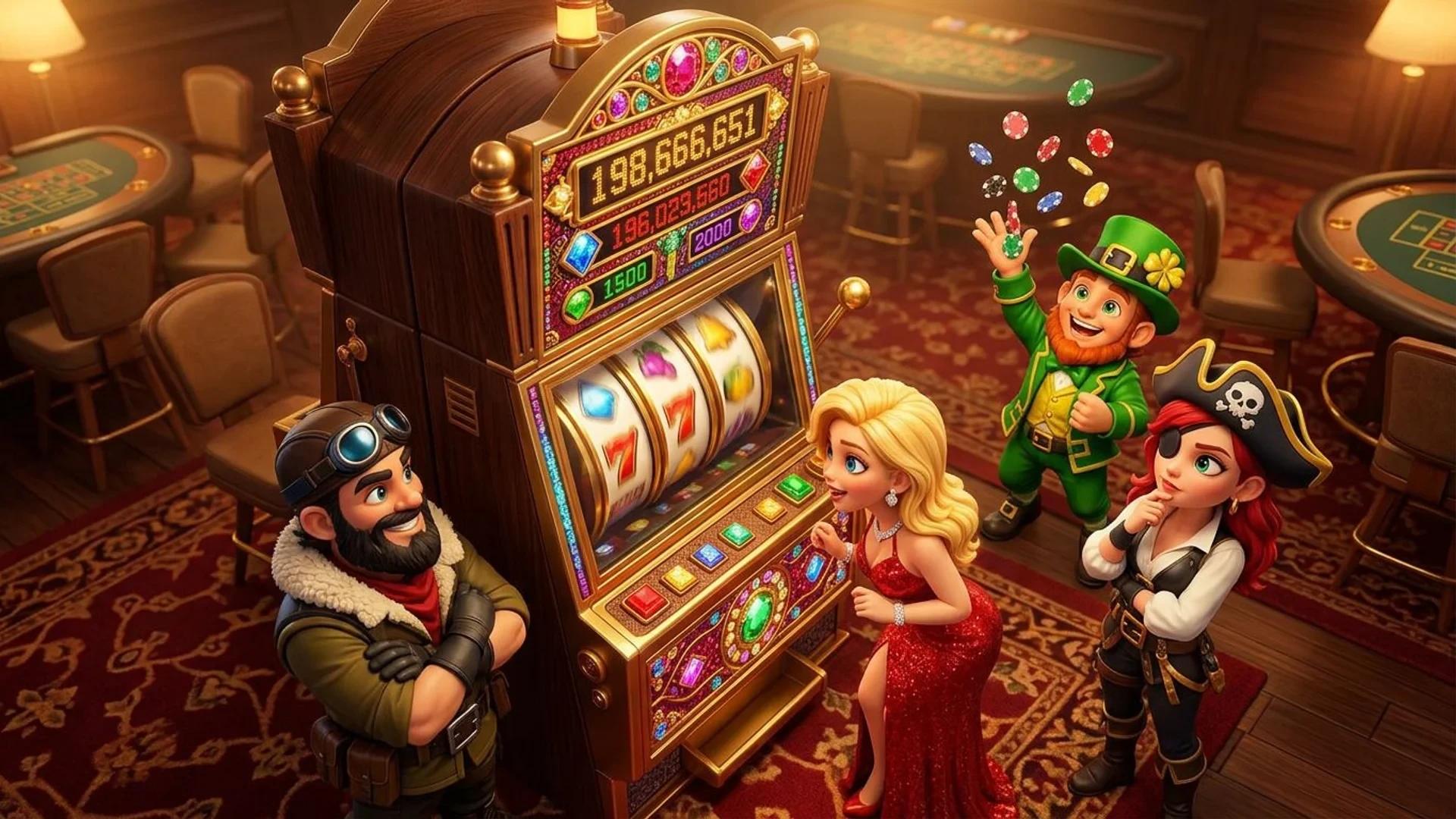 A bird's-eye view of NordicSpins mascots around a progressive jackpot slot machine in a casino.