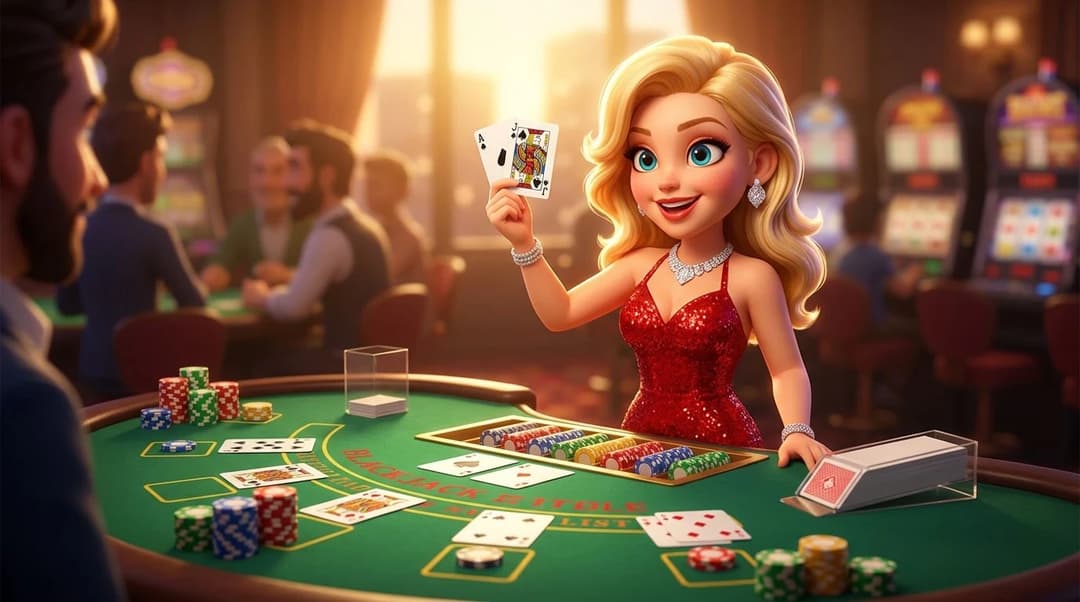 NordicSpins mascot demonstrating card dealing at a blackjack table.