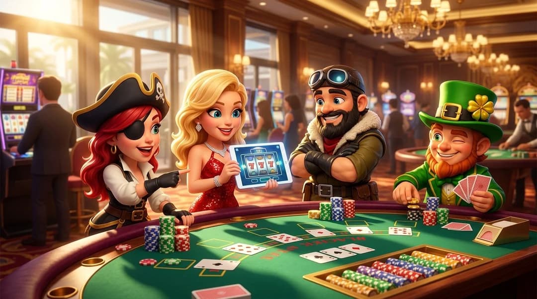 Two mascots from NordicSpins interact at a casino table game surrounded by colorful game props.