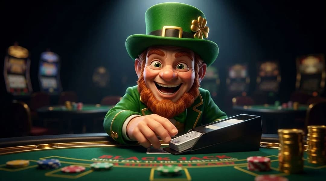A NordicSpins mascot stands excitedly at a blackjack table under a spotlight in a casino.