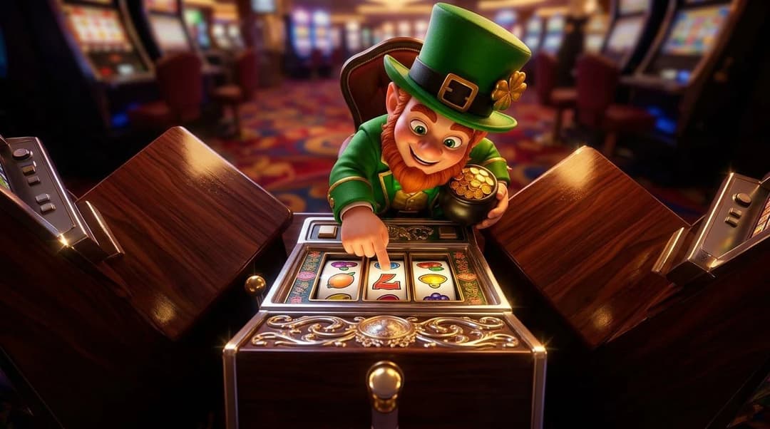 A NordicSpins mascot engaging with a slot machine inside a casino, viewed from above.